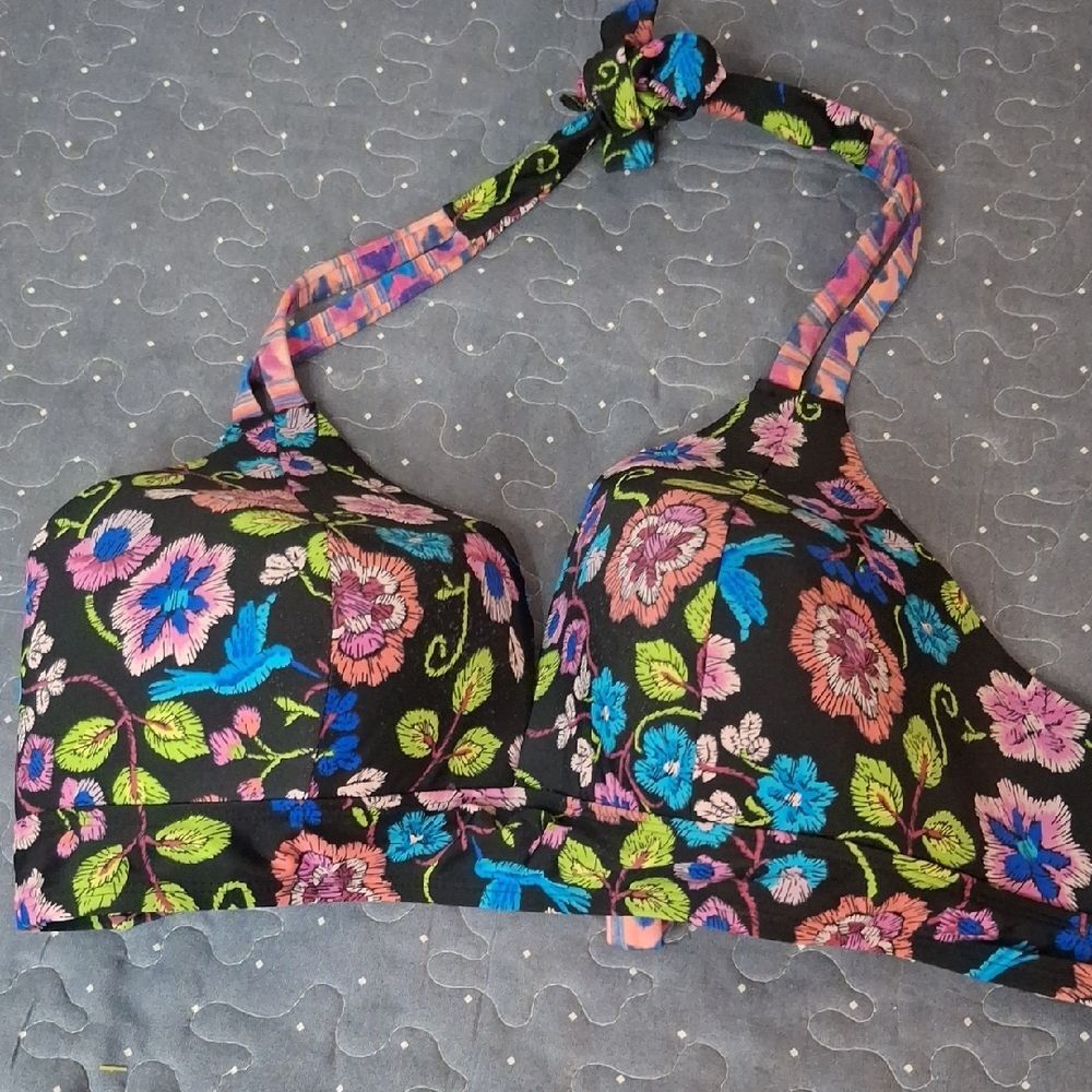 New Directions Floral Black Halter Bikini Top size 1X